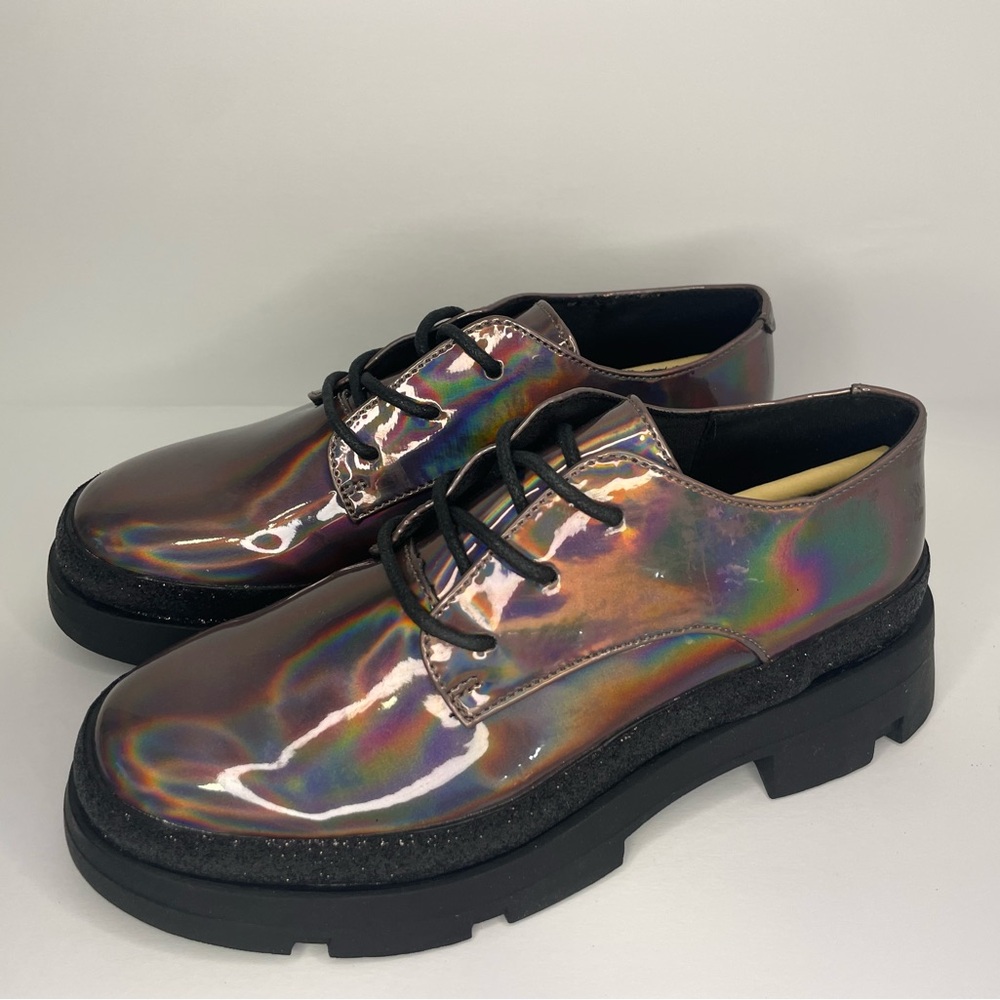 Steve Madden Kids Leggy Oxford, Size 4, Black & Mirror New In Box Girls
